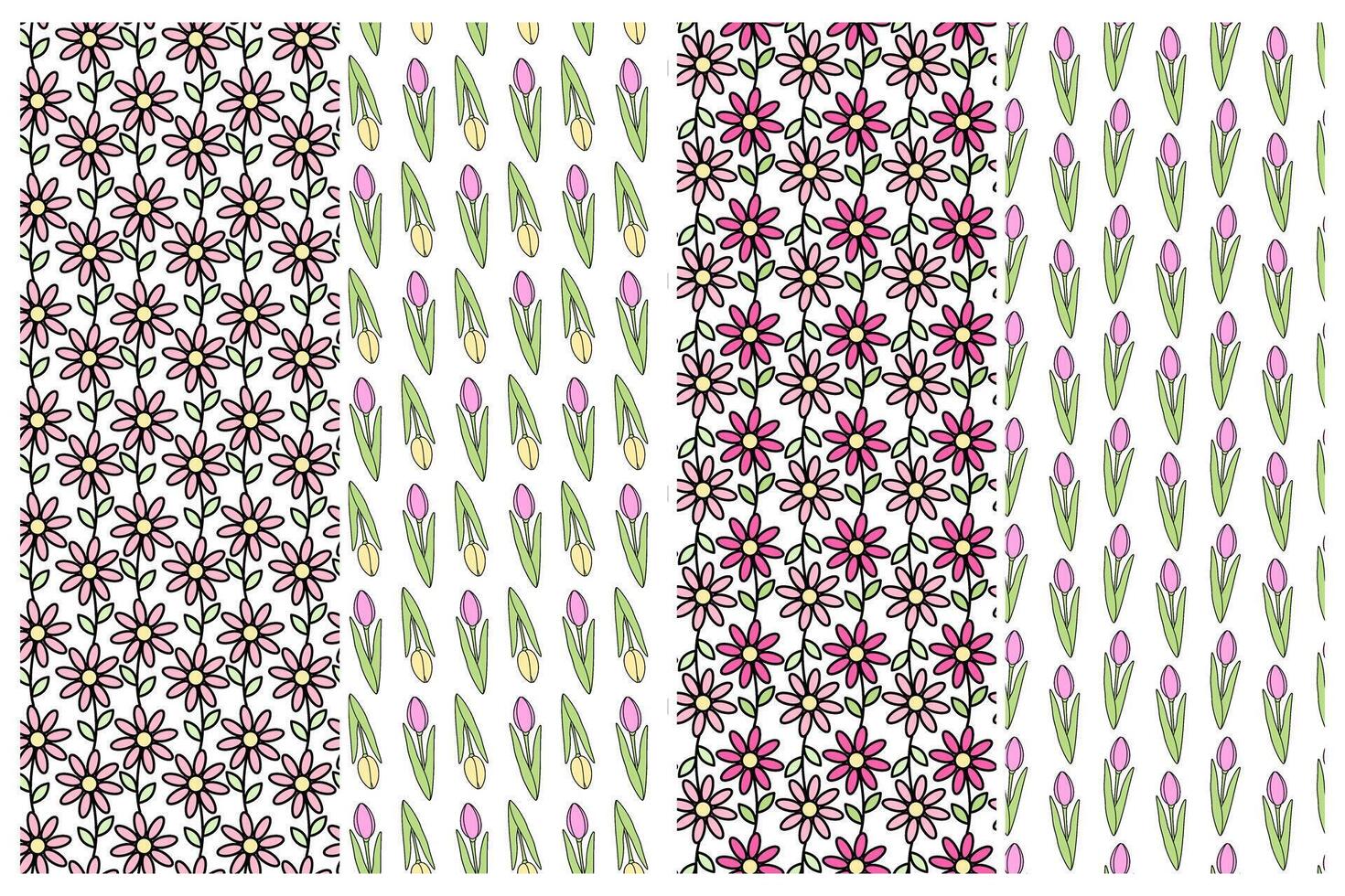 Tulips and chamomile Seamless pattern in trendy soft shades. Spring background or wallpaper Set of 4. Isolated illustration Wrapping or web, posters, banners, cards, price tags, labels, booklet vector