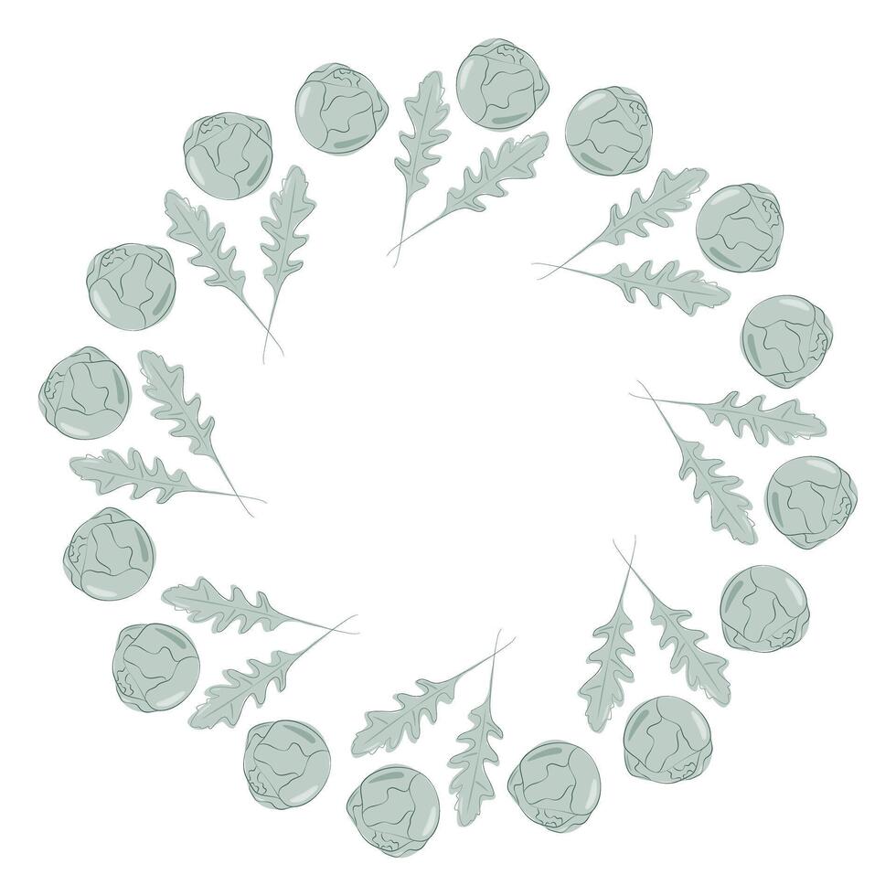 Brussels sprouts heads and arugula leaves Circle frame border Healthy eating text or cards template. Isolated illustration Thematic cards, poster, banner, leaflet, price tag, label or web promo vector