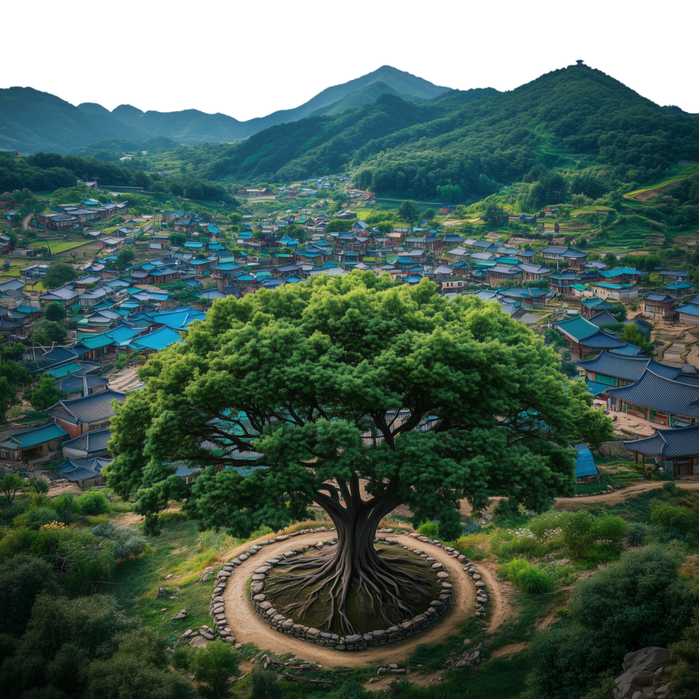 Beautiful landscape with trees surrounded by mountains png