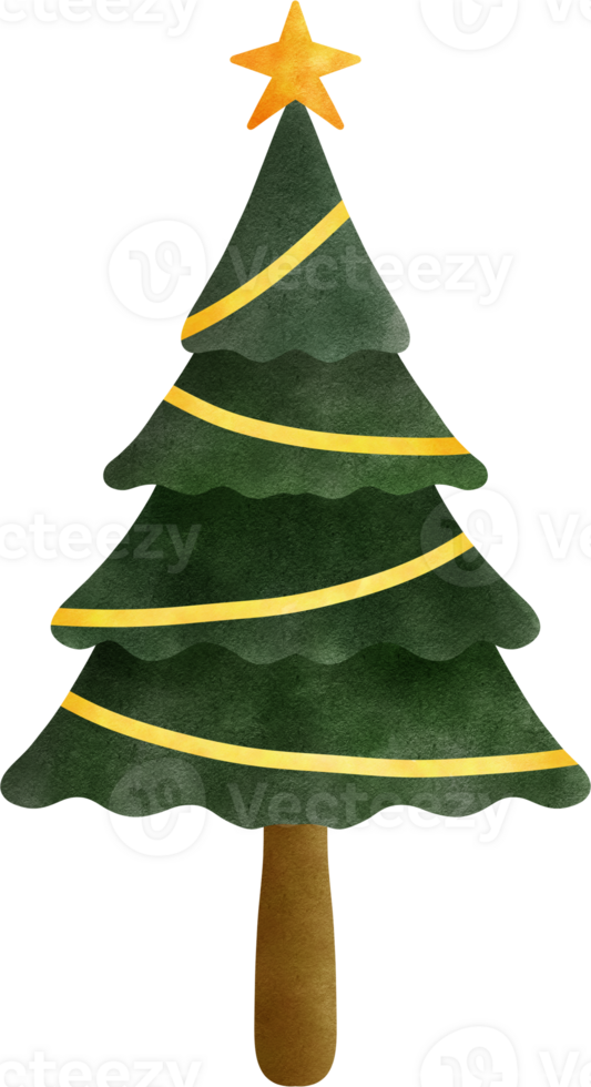 Christmas tree with a golden star on top, decorated with yellow ribbons. png