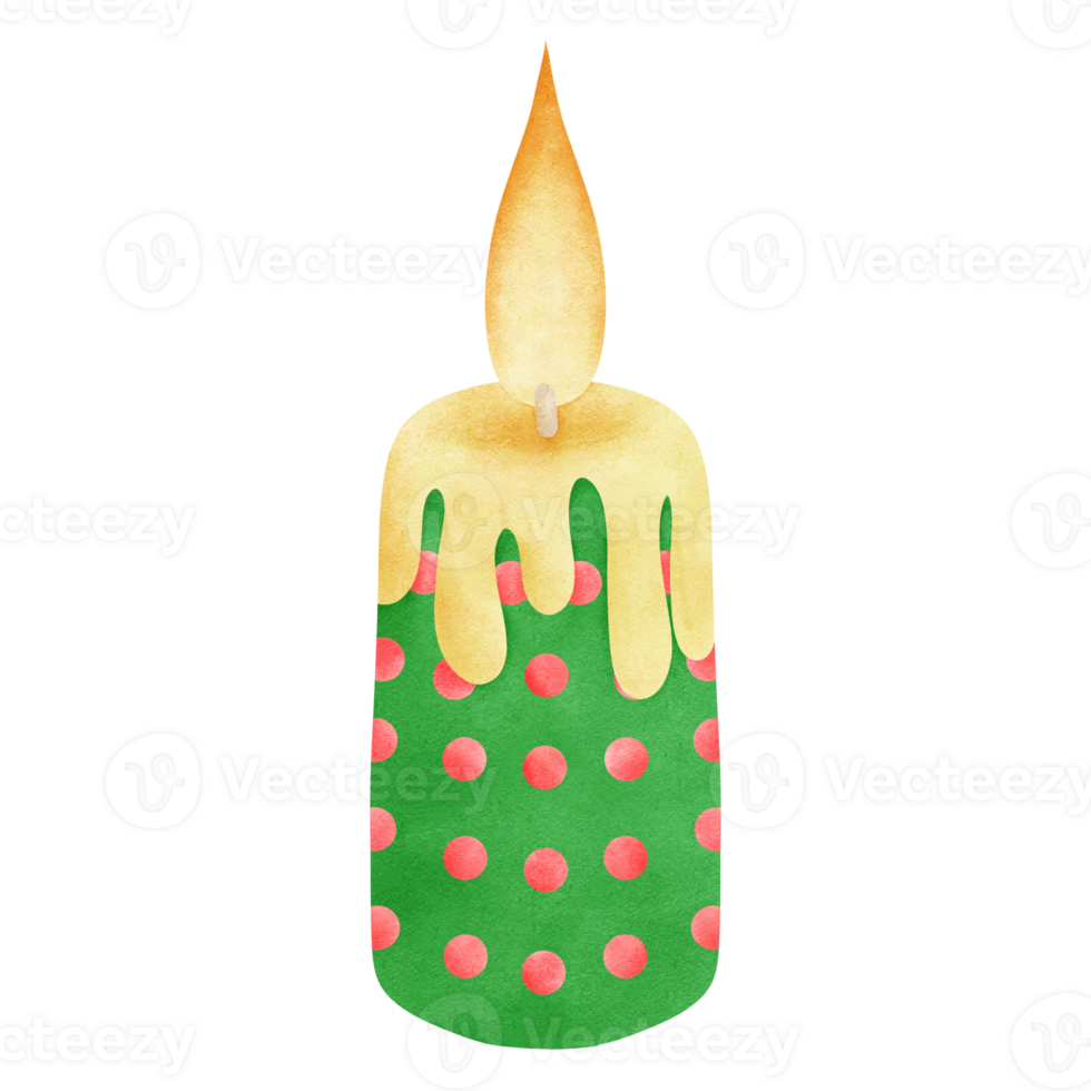 Candle with a green base, red polka dots, and a melting yellow top with a flame. png