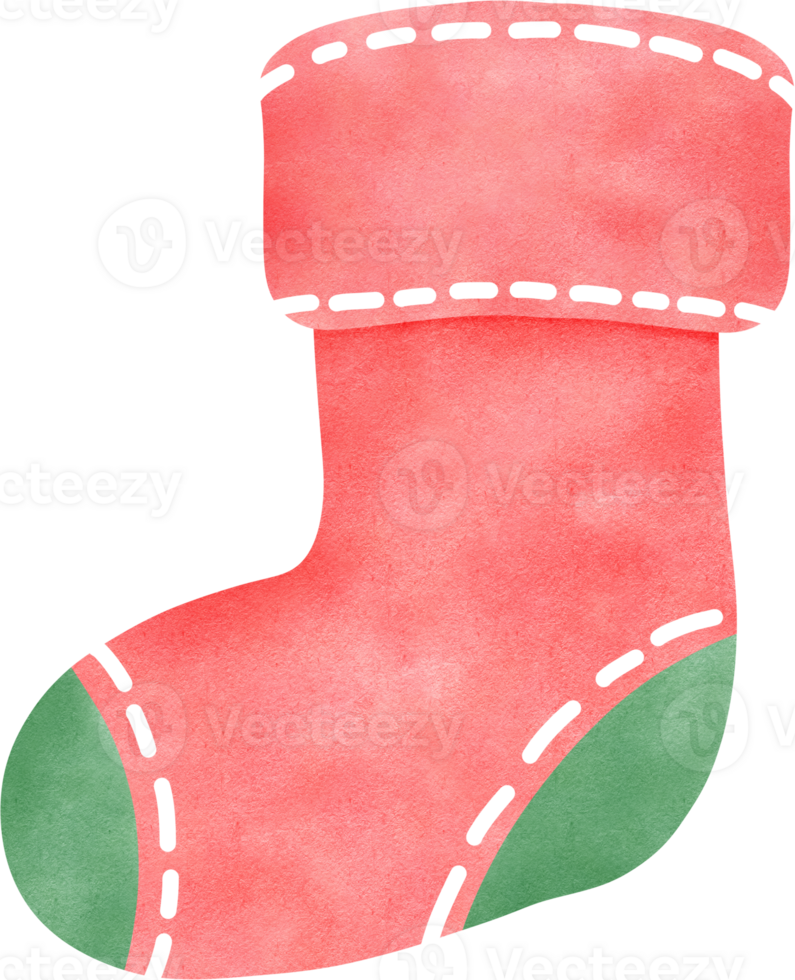 Christmas stocking with a red body, green heel and toe, and white stitching details. png
