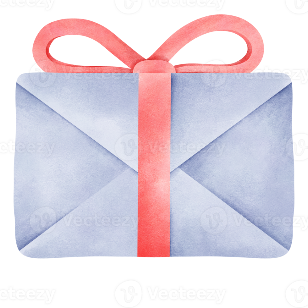 A wrapped gift with a light blue paper and a bright pink ribbon. Decor for New Year Christmas and holiday. Hand drawn cartoon illustration on isolated background. png