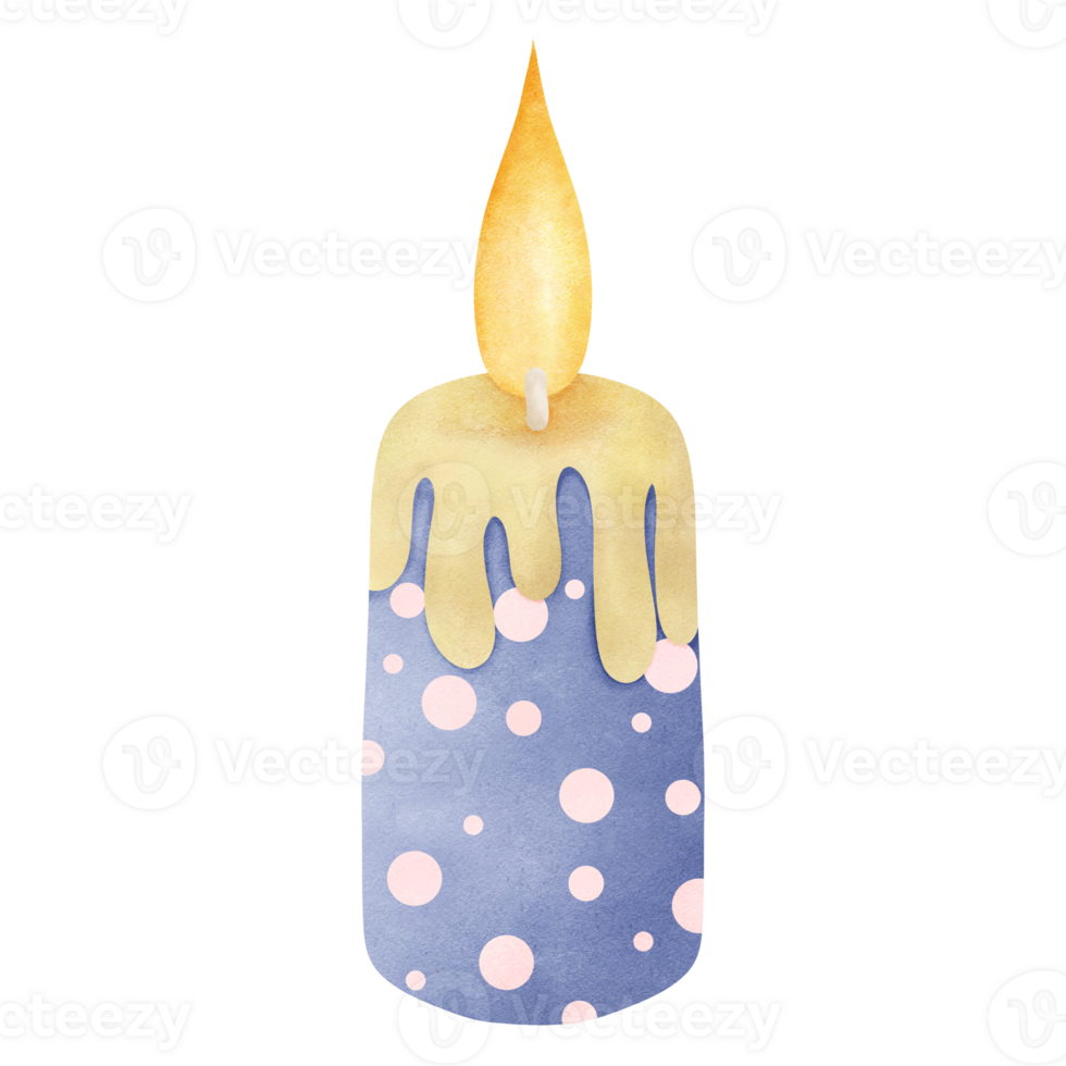 Candle with a blue base, pink polka dots, a melting yellow top, and a bright yellow flame. png