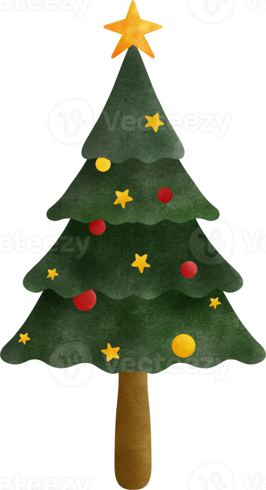 Christmas tree with a golden star on top, decorated with red and yellow ornaments and stars. png