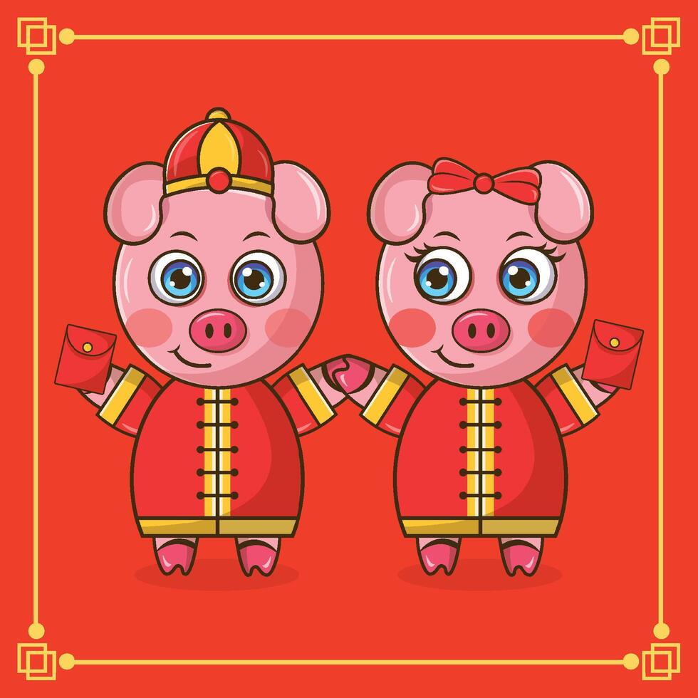 Two cute pigs in chinese traditional clothes holding red envelopes vector