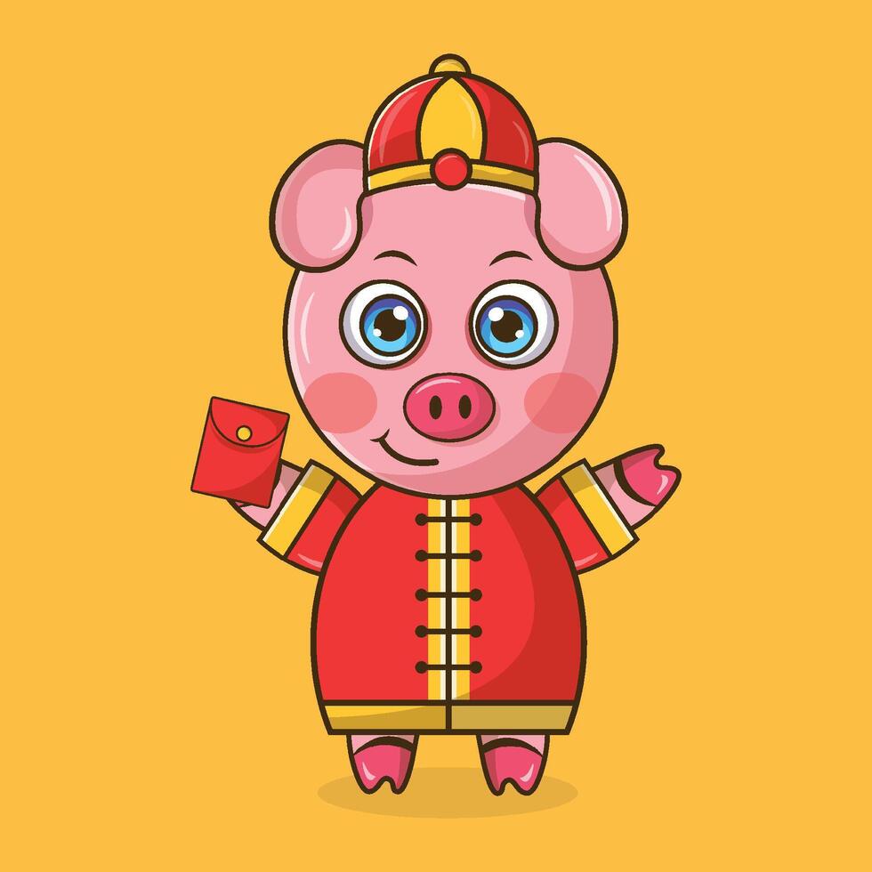 Pig in chinese costume holding a red envelope vector