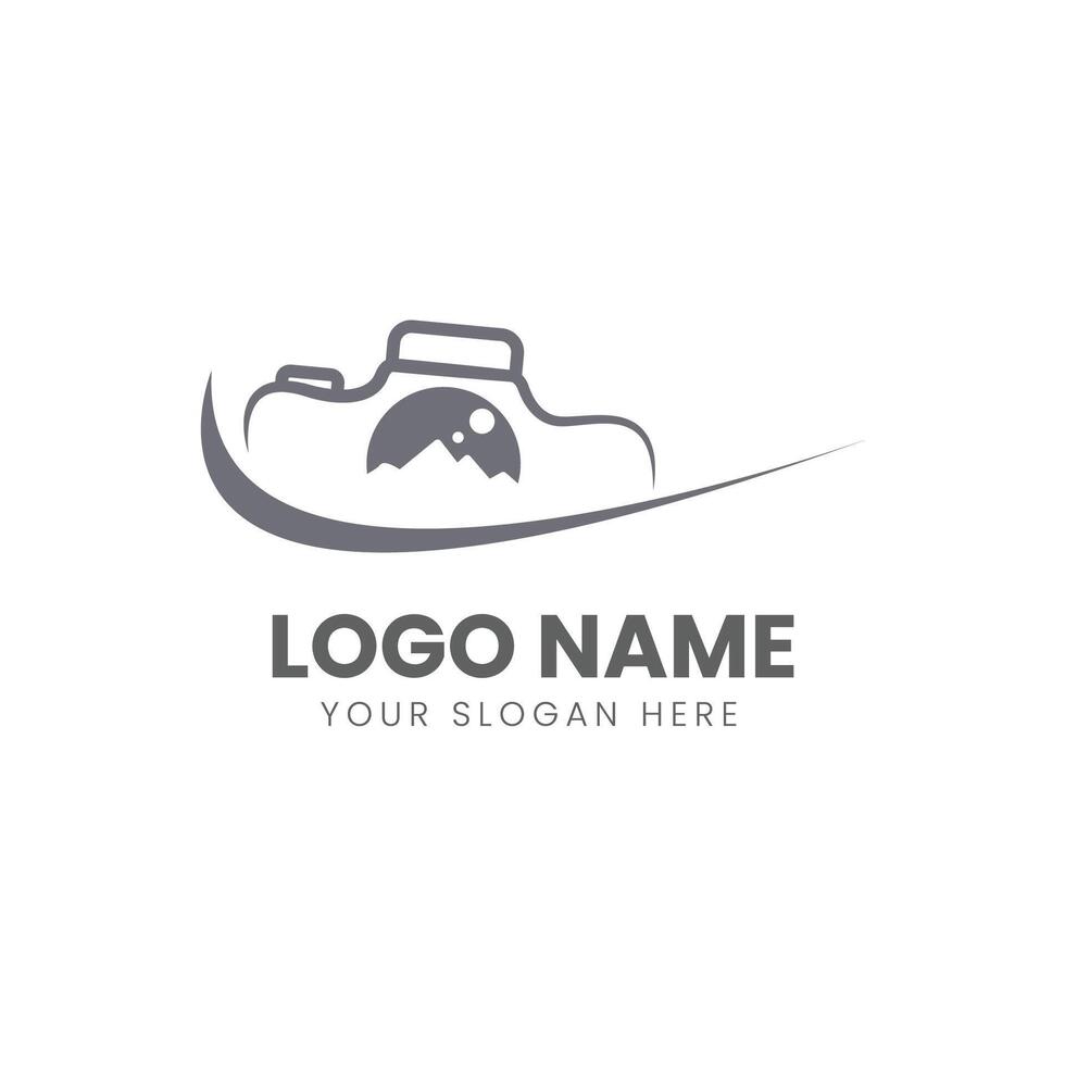 A camera logo design with a mountain in the background vector