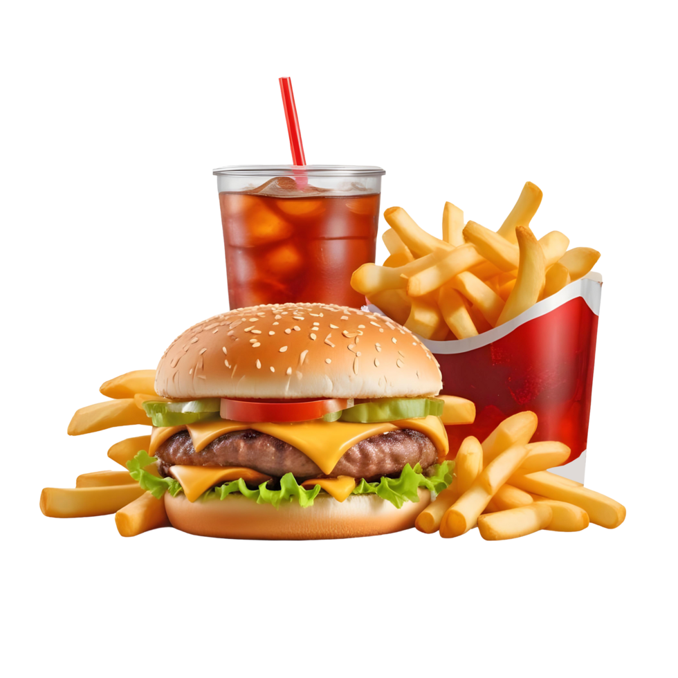 Classic Cheeseburger with Fries and Ice Cold Drinks png