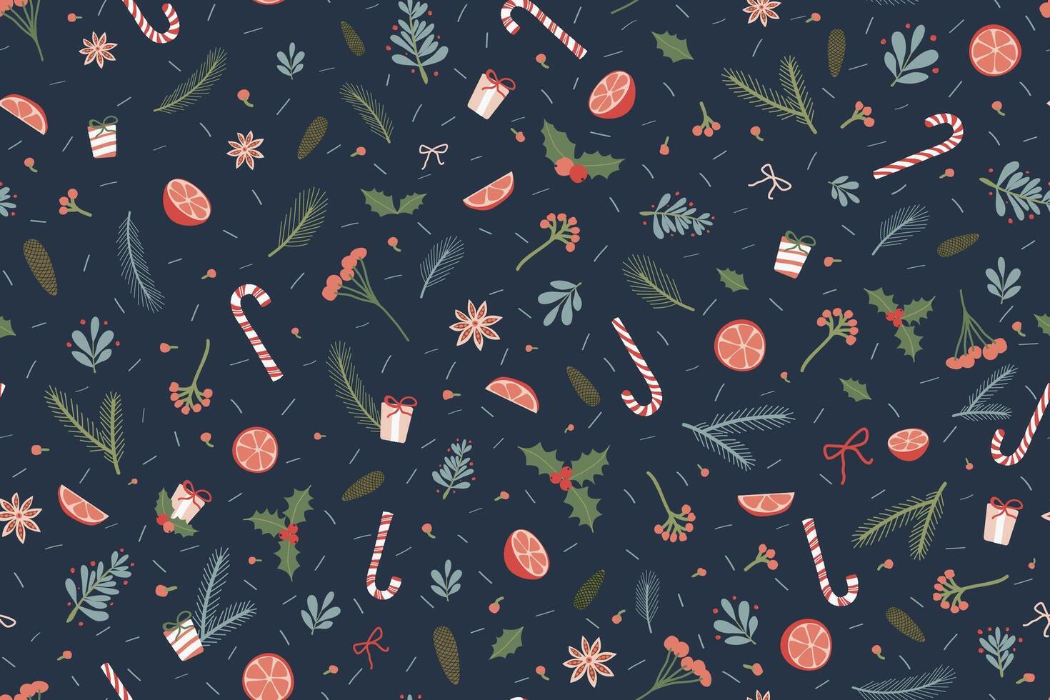 Christmas seamless background with mistletoe, branches, berries. Winter illustration for textile, banner, wrapping paper, wallpaper. vector