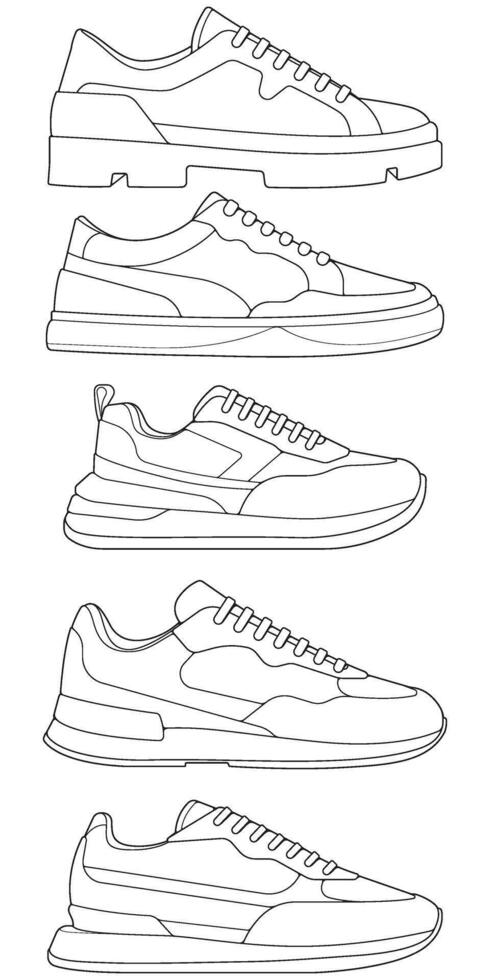set of outline Cool Sneakers. Shoes sneaker outline drawing, Sneakers drawn in a sketch style, sneaker trainers template outline, Set Collection. Illustration. vector