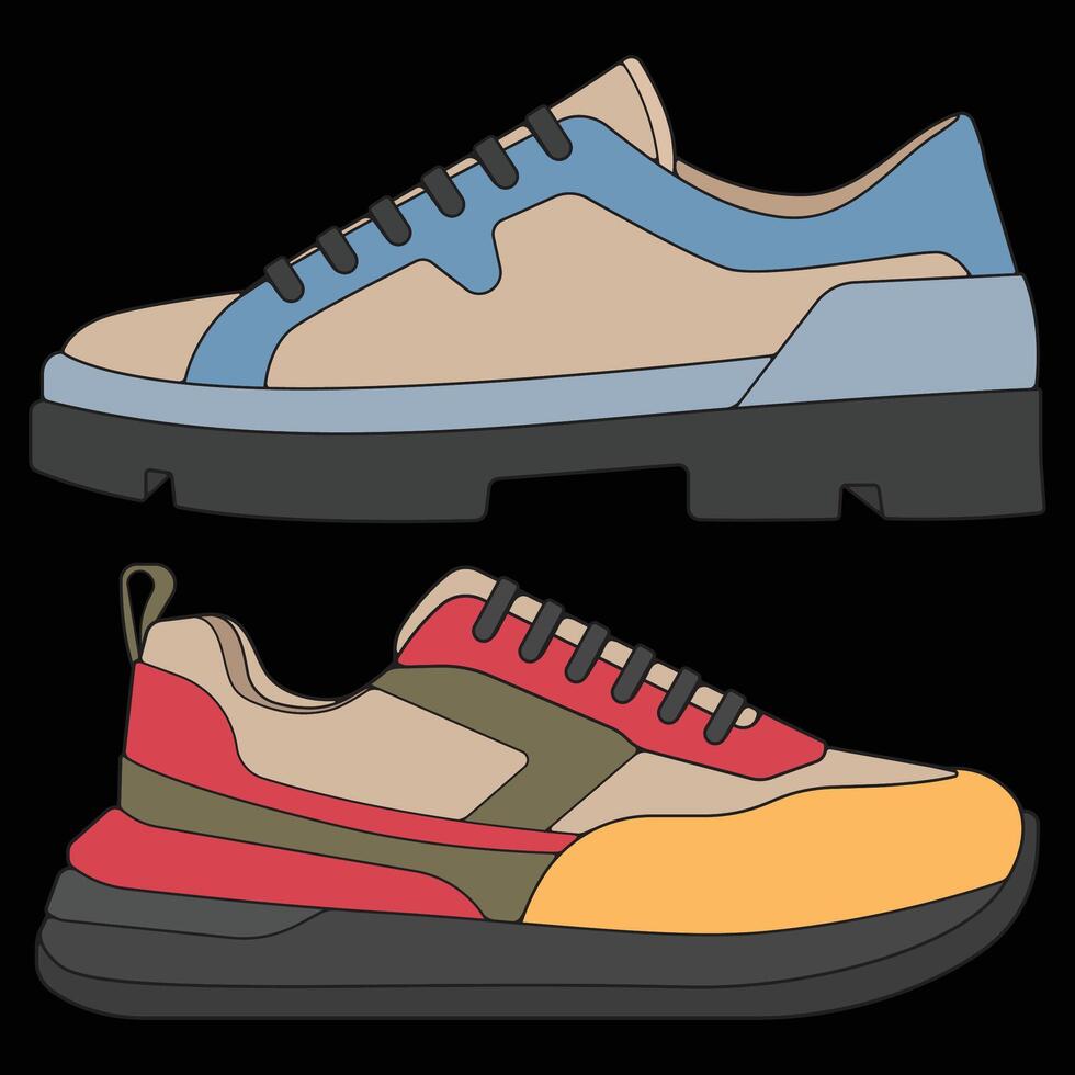 Bundling set sneakers shoes for training, sneakers shoe illustration. Sneakers color full. vector