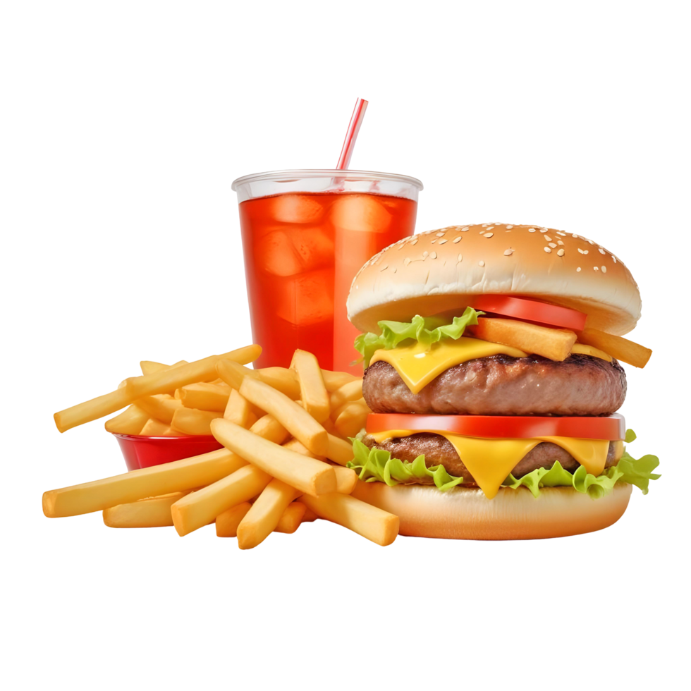 A Perfect Combo of Fast Food Featuring Cheeseburger, Crispy Fries, and a Cold Drink With Ice png