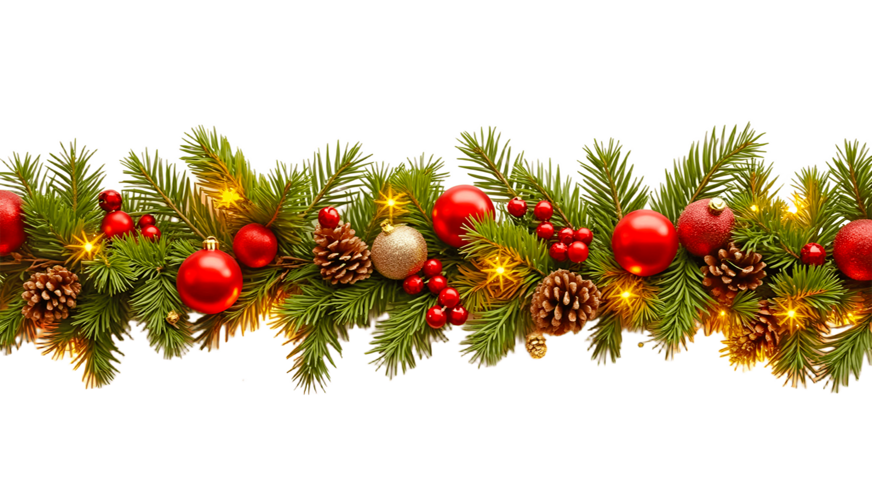 A Festive Garland Featuring Lush Green Pine Branches, Decorated With Red and Gold Ornaments png