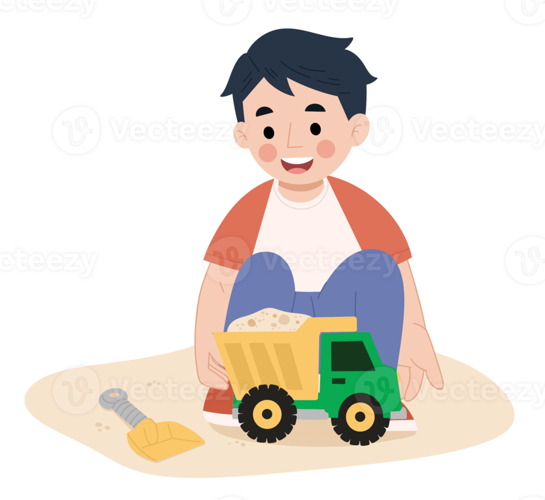 Illustration of a little boy playing with a toy truck png