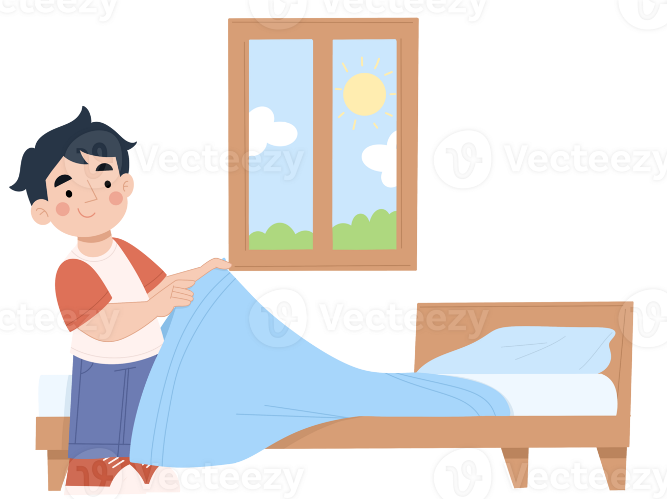 Illustration of a boy making a bed png