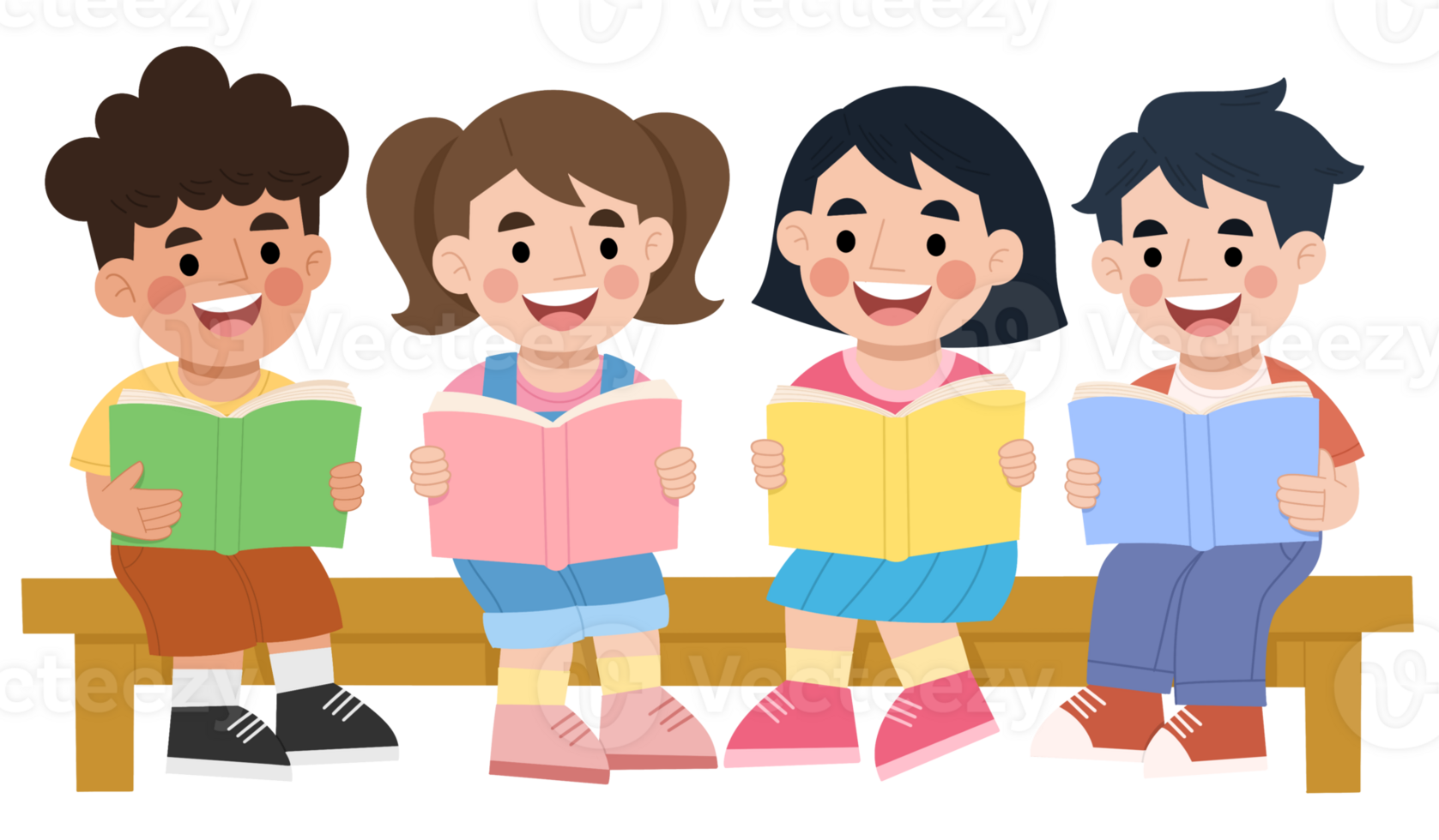 Illustration of children reading a book together on a bench png