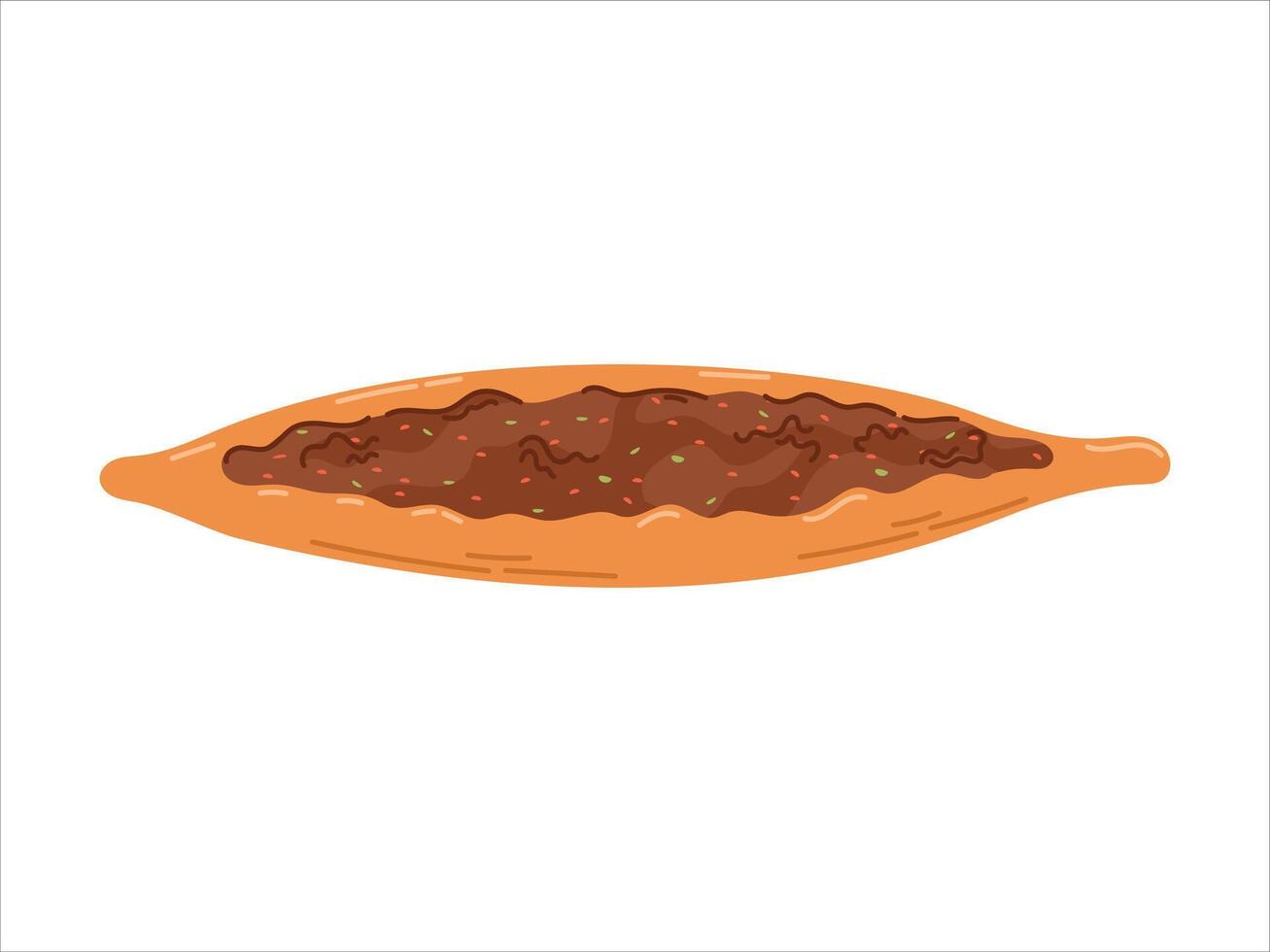 Turkish traditional food, meat flatbread pide with beef and vegetables. isolated on white flat illustration. vector