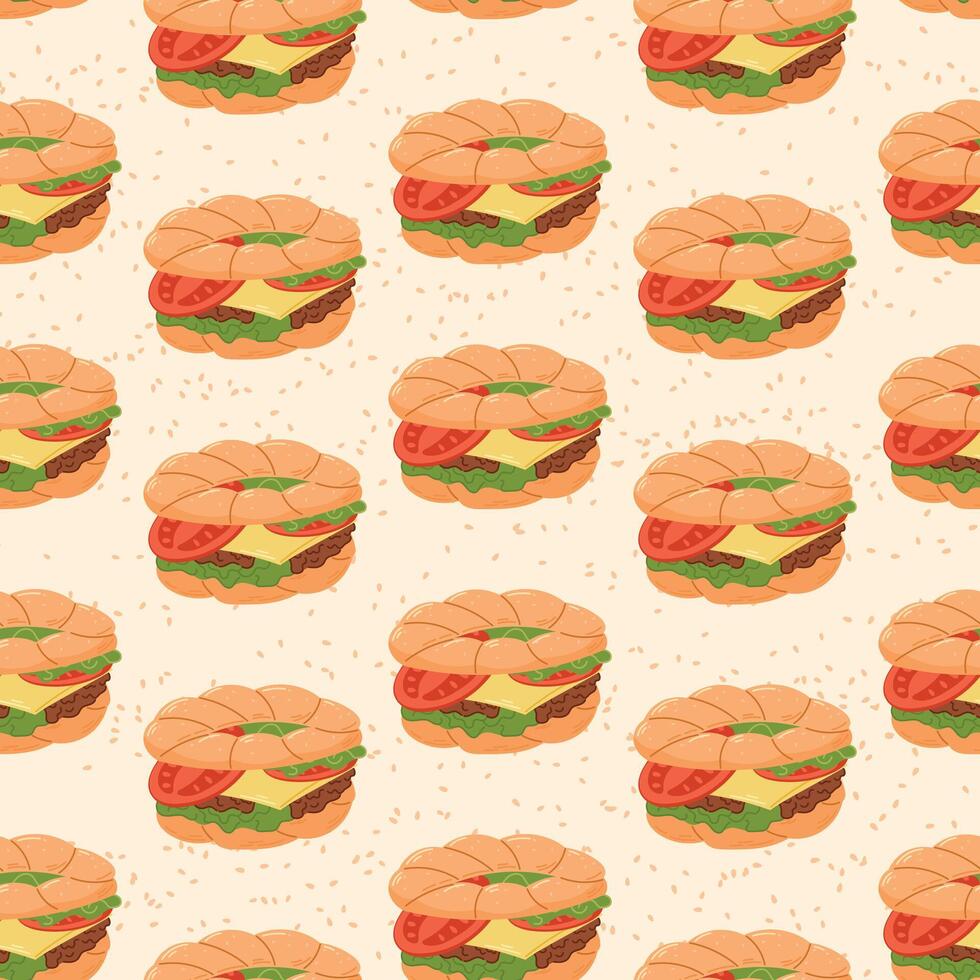 Traditional Turkish pastry, bagel sandwich with sesame seeds, simit with filling, herbs, tomatoes and cheese. seamless food pattern, Mediterranean healthy breakfast. vector