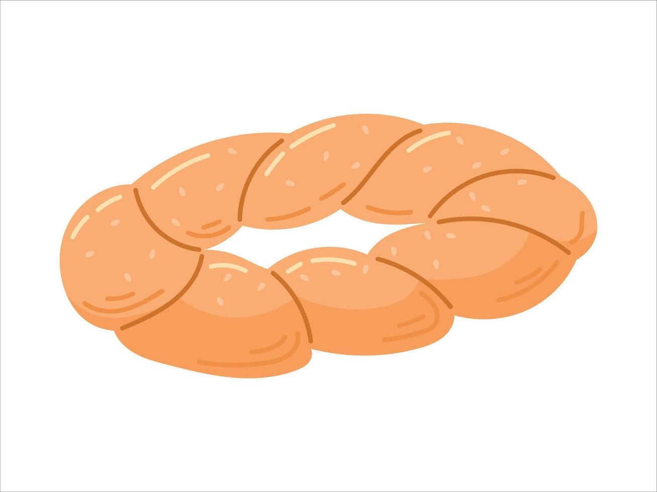 Traditional Turkish food, baked simit bagel with sesame seeds. isolated on white flat illustration of bakery product. vector