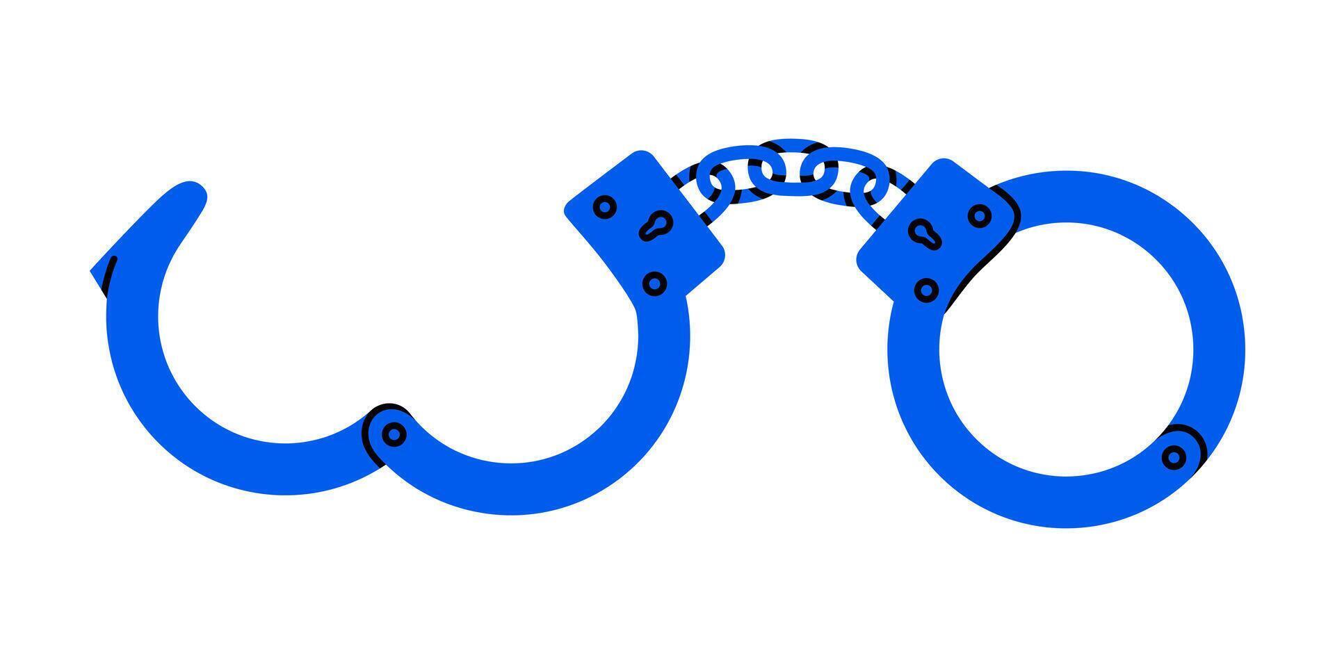 Hand drawn cute cartoon illustration of open handcuffs. Flat freedom concept in doodle style. Slavery or habit liberation icon or print. Justice and law. Metal chain for prisoner. Isolated. vector