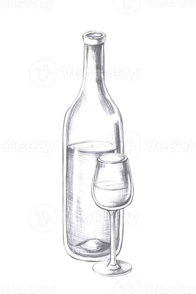 Vertical composition with wine bottle and glass. Isolated pencil graphic illustration for postcards, textiles, restaurant decoration, invitations to a sea party, png