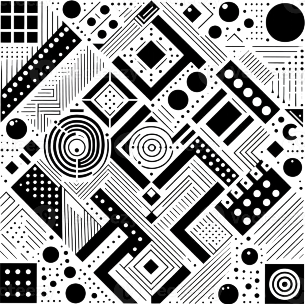 Abstract black and white geometric patterns with various shapes and designs suitable for artistic backgrounds or digital projects png
