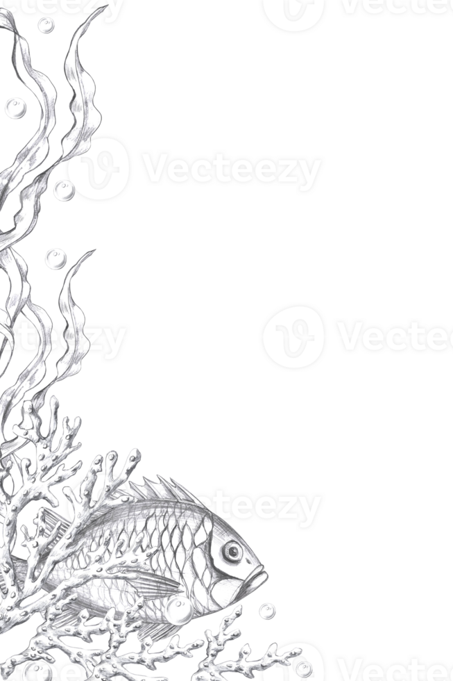 Vertical frame with fish, seaweed and corals. Isolated pencil graphic illustration for postcards, textiles, restaurant decoration, invitations to a sea party, png