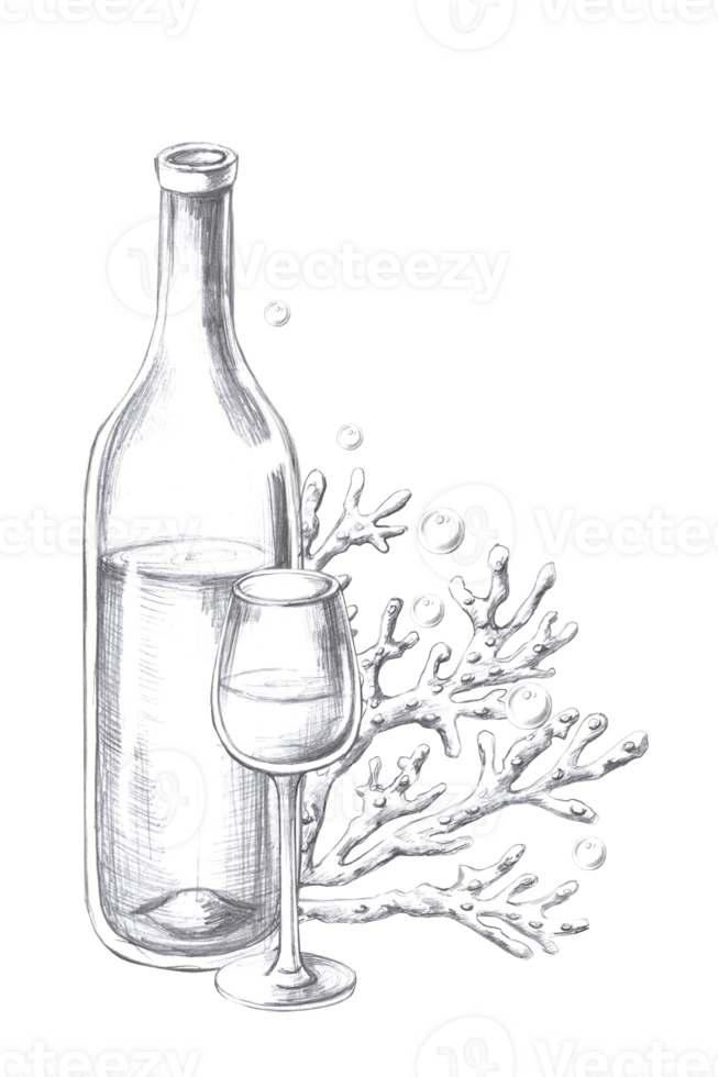 Vertical composition with wine bottle, glass and corals. Isolated pencil graphic illustration for postcards, textiles, restaurant decoration, invitations to a sea party, png