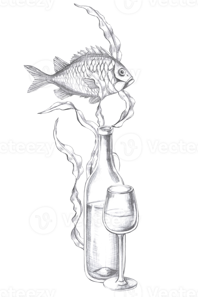 Vertical composition with fish and glass of wine. Isolated pencil graphic illustration for postcards, textiles, restaurant decoration, invitations to a sea party, png