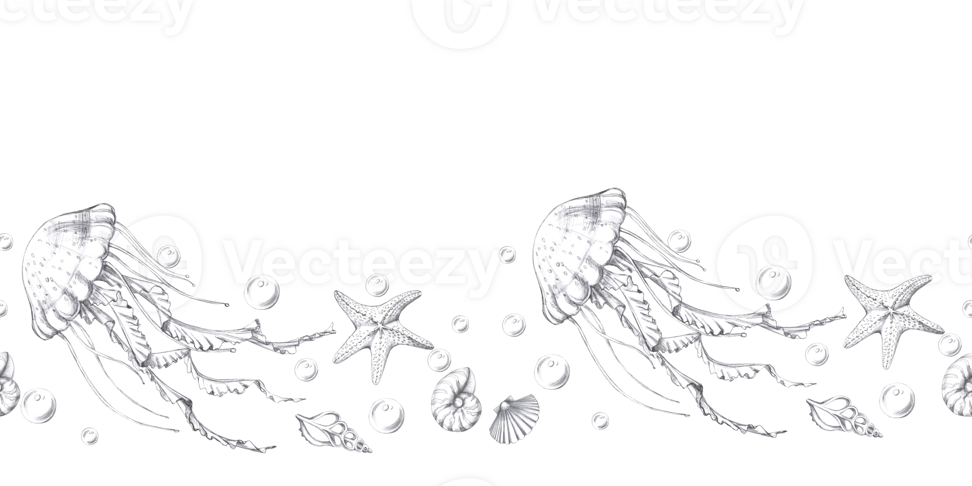 Seamless border with jellyfish and starfish. Isolated pencil graphic illustration for cards, textiles, restaurant decoration, invitations to a sea party, png