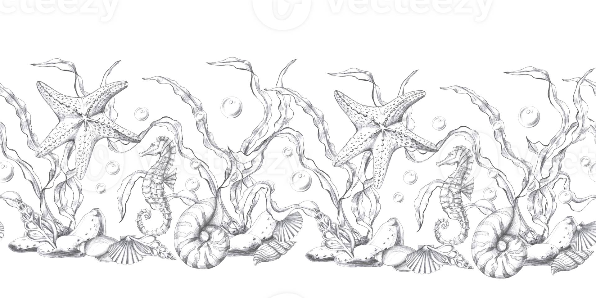 Seamless border with underwater inhabitants. Isolated pencil graphic illustration for postcards, textiles, restaurant decoration, invitations to a sea party, png