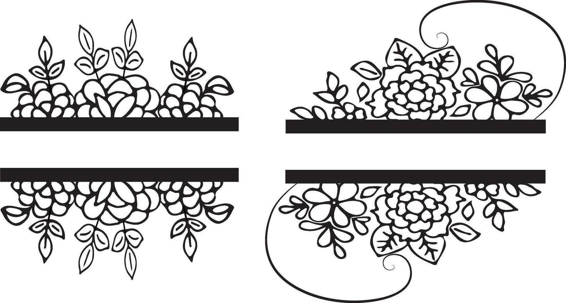 Collection of Hand drawn flower frame illustration in doodle style. Set of flower plants with black outline for decoration, text box, wedding invitation vector