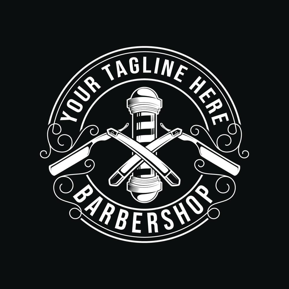 Vintage barbershop logo. barberpole lamp elements combined with razor and scissors inside a circle in monochrome engraving style. vector