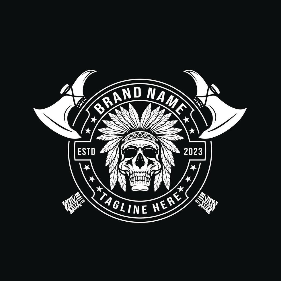 Monochrome fierce skull logo. Combining skull head with crossed axes behind it. Suitable for wood shop, weapon tool, logging tool, barbershop. vector