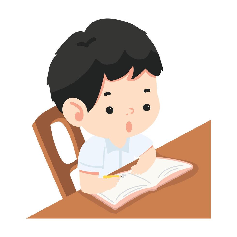 boy sitting at a desk writing on a book vector