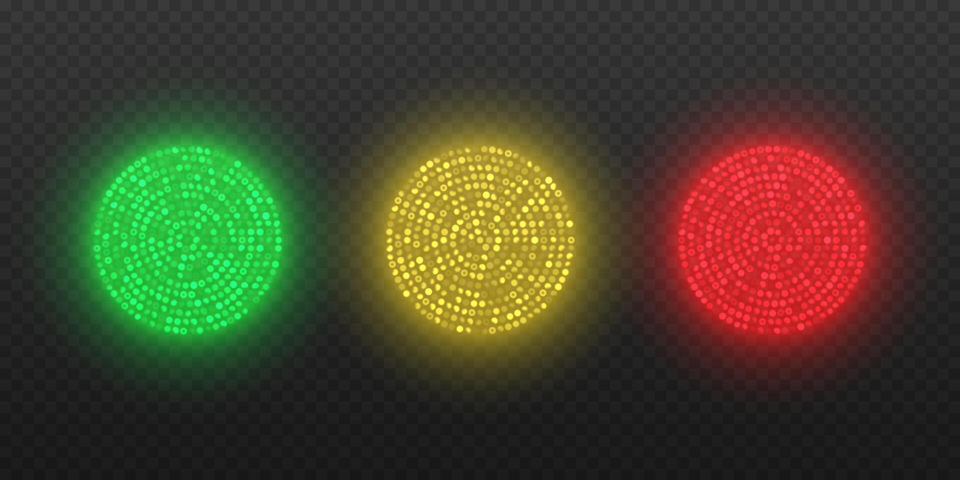 Bright glowing circles consisting of LEDs of different brightness. Traffic lights of red, yellow and green colors. vector