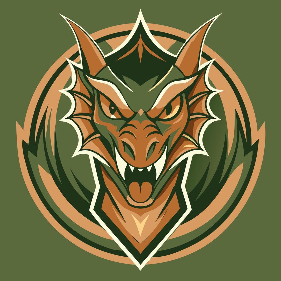 Dragon head emblem. Animal monster symbol. Ancient legend decoration. Cartoon asian beast sign vector