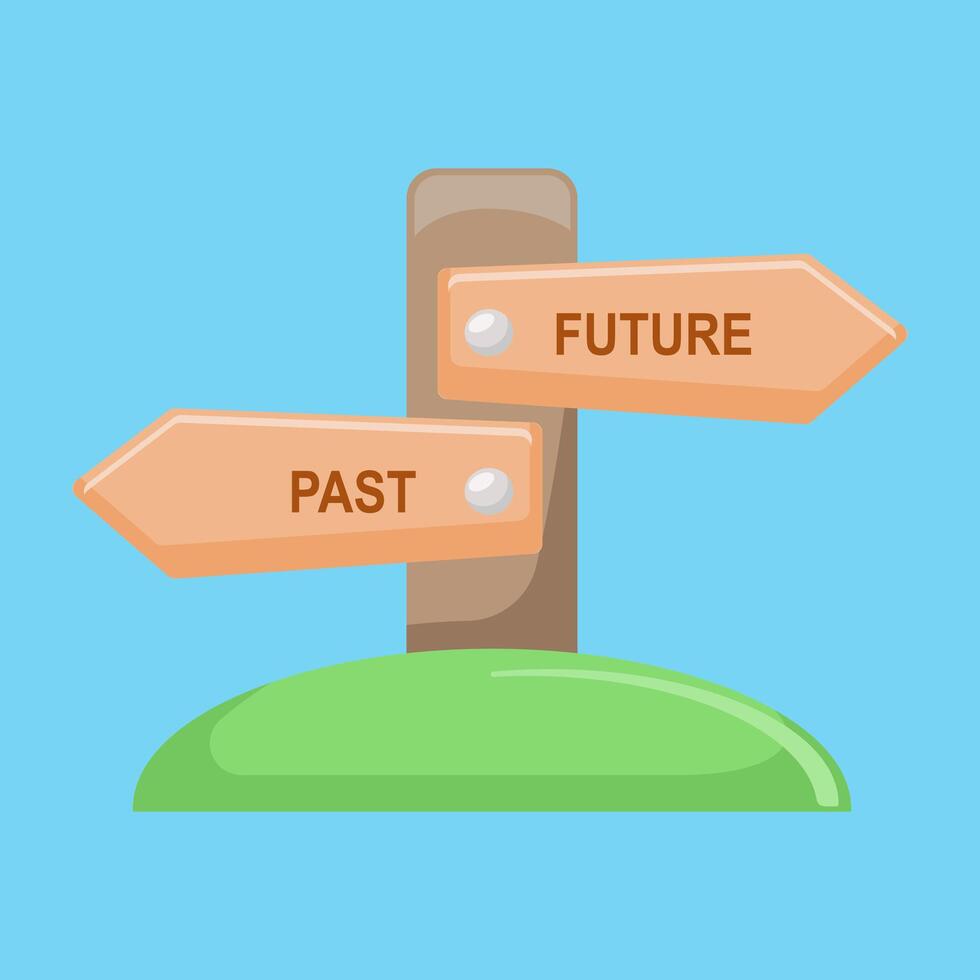Flat illustration a wooden plank pointing towards the future or past vector