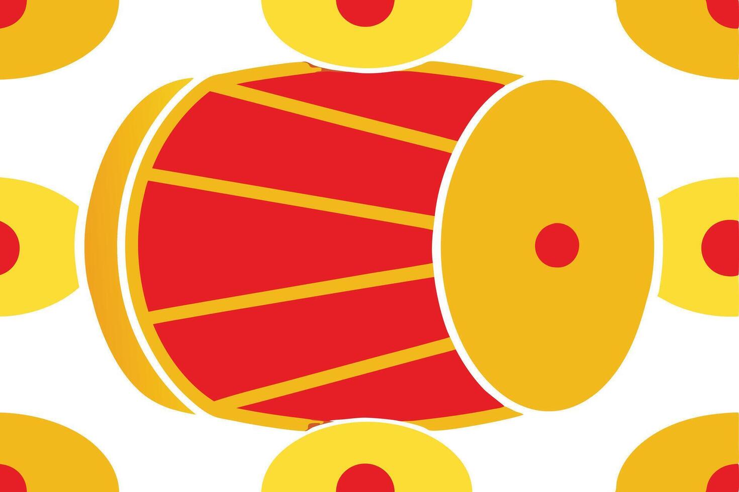 A stylized illustration of a red and yellow drum with a circular design. The drum is surrounded by smaller yellow circles with red centers, creating a rhythmic visual pattern. vector