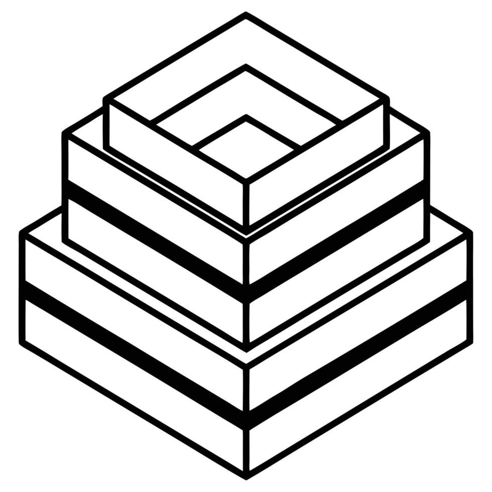 A black and white illustration of four stacked square cubes in an isometric perspective, creating a layered and geometric design. vector