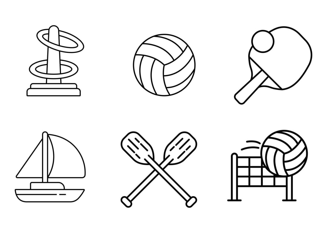 A set of 6 line icons depicting various sports and recreational activities, including ring toss, volleyball, ping pong, sailing, paddle boating, and volleyball net. vector