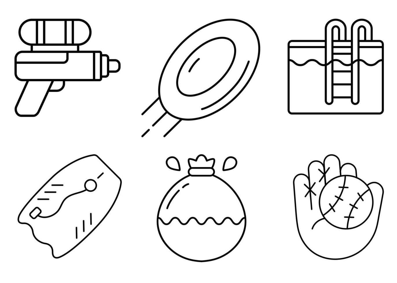 Six simple outline icons depict summer fun activities water gun, frisbee, swimming pool, surfboard, water balloon, and baseball. vector