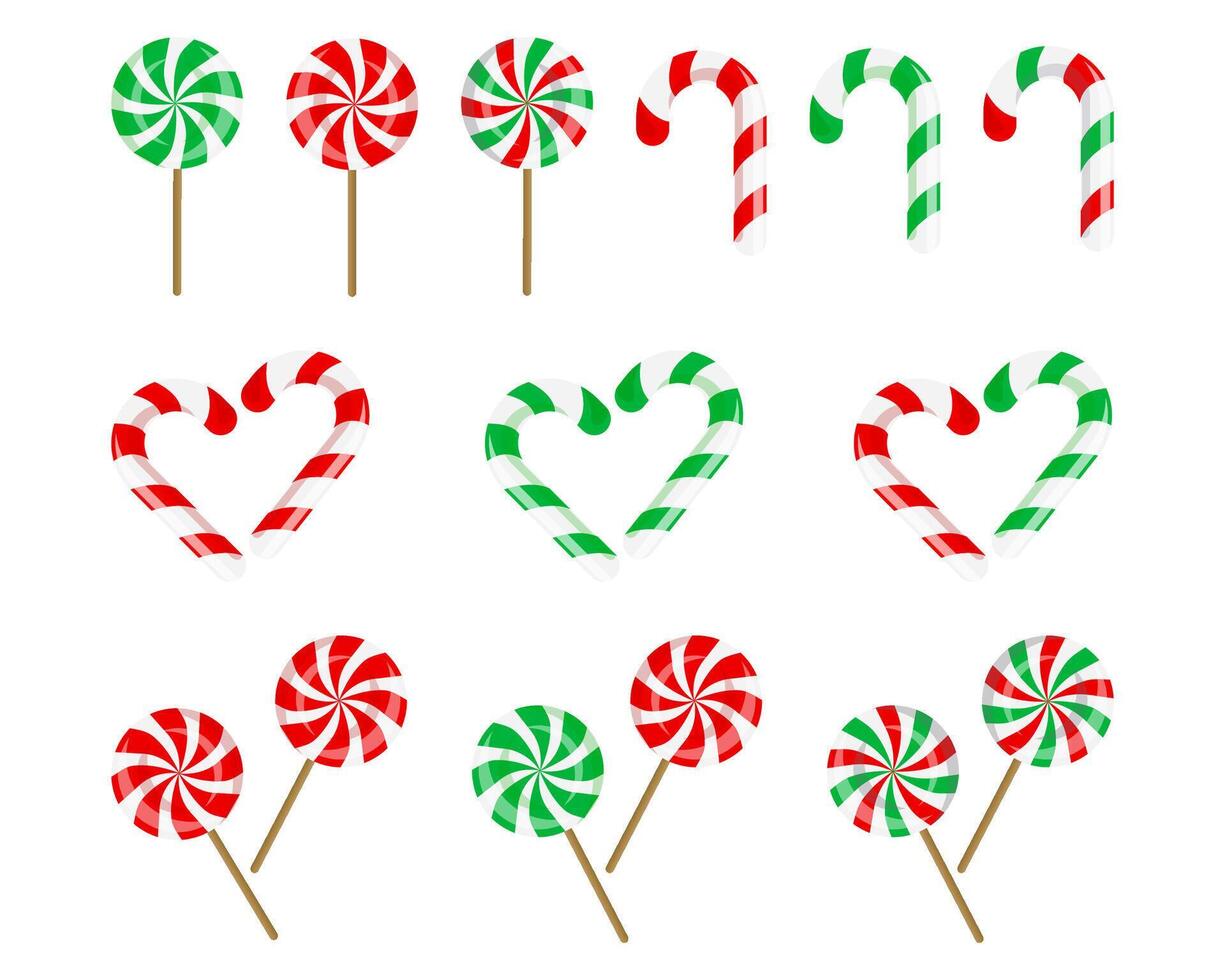 Christmas candy illustration set. Red and green caramel realistic sign. New year lollipop symbol. Santa striped caramel cane. vector