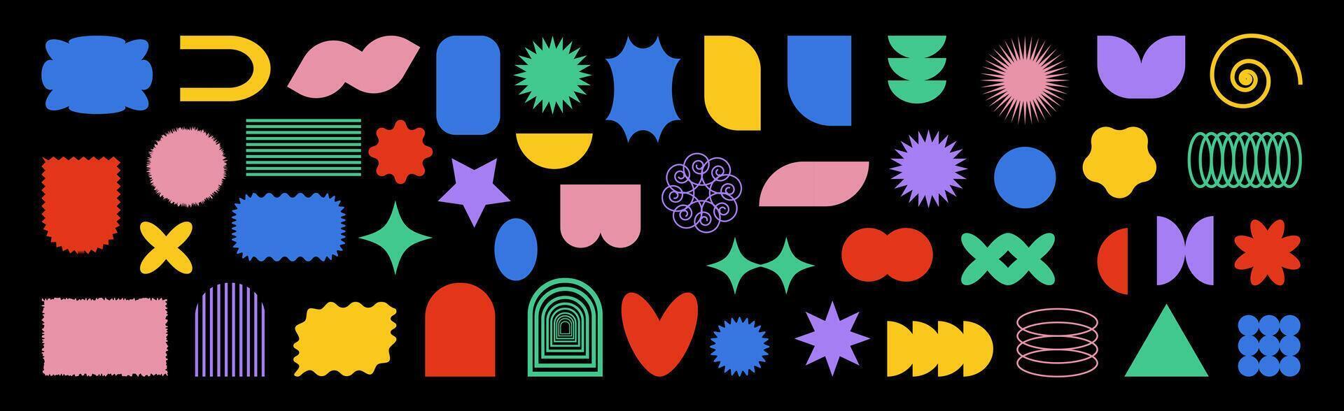 PrintAbstract geometric Y2K Brutalist colorful shapes inspired by Bauhaus and Memphis design. Bold brutalist forms blend with playful colorful triangles, circles, heart, abstract forms for posters vector