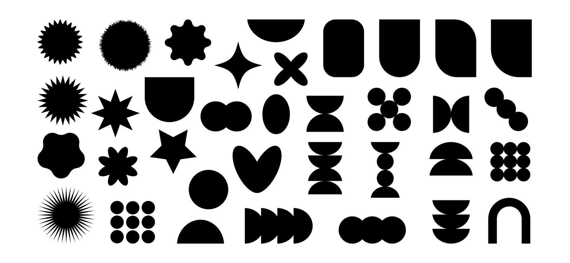 Collection of black brutal contemporary elements flower star oval circle heart and other shapes. Abstract geometric Y2K Brutalist colorful shapes inspired by Bauhaus and Memphis design. vector
