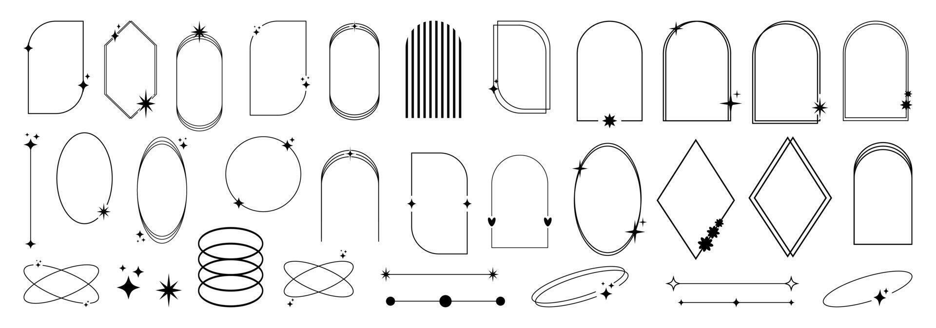 Minimalistic Y2k linear elements, trendy frames with stars, geometric shapes. Arched frames for poster design, modern set in boho style. bohemian borders for logo, postcard, posters. vector
