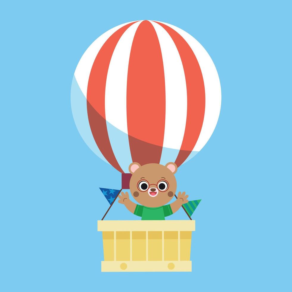 Cute animal riding on hot air balloons on sky landscape. Animal character bear aerostat with baskets. Hiking kids travel adventures. Summer journey, back to school. vector