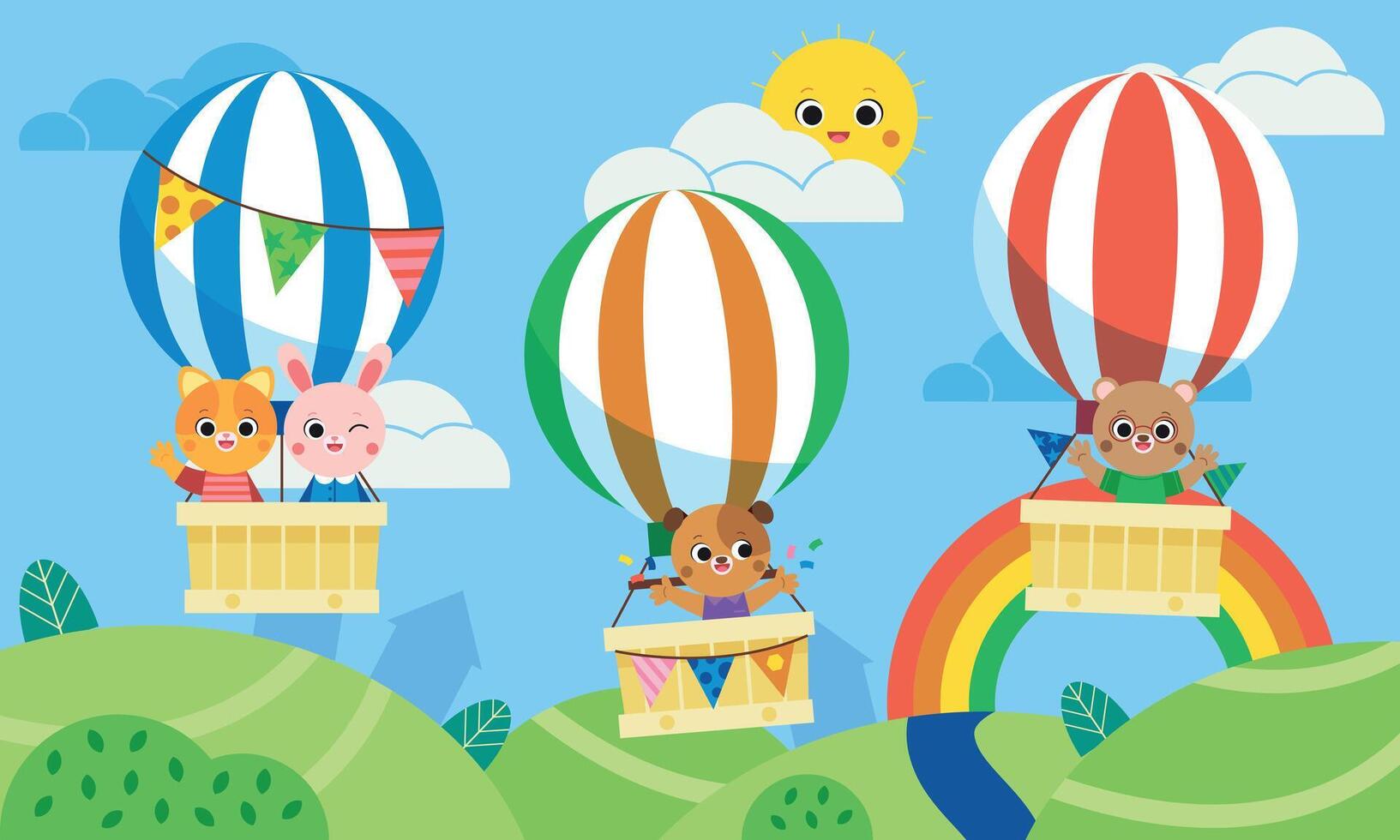 Cute animals riding on hot air balloons on sky landscape with cloud and rainbow above pond, green field. Animal character cat, bunny, bear, dog on aerostat with baskets. Journey, back to school. vector