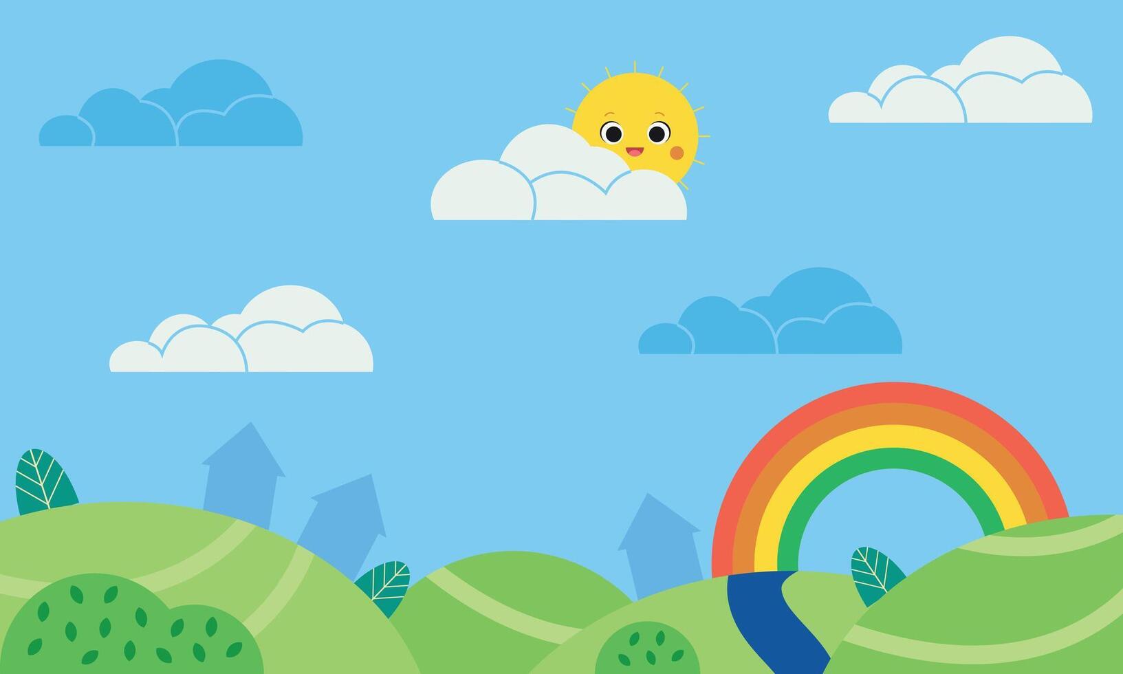 Summer sky landscape with smiling sun, clouds and rainbow above pond, green field. Village with meadow, rural road. Spring scene with green hills, countryside. Journey, hiking, back to school. vector
